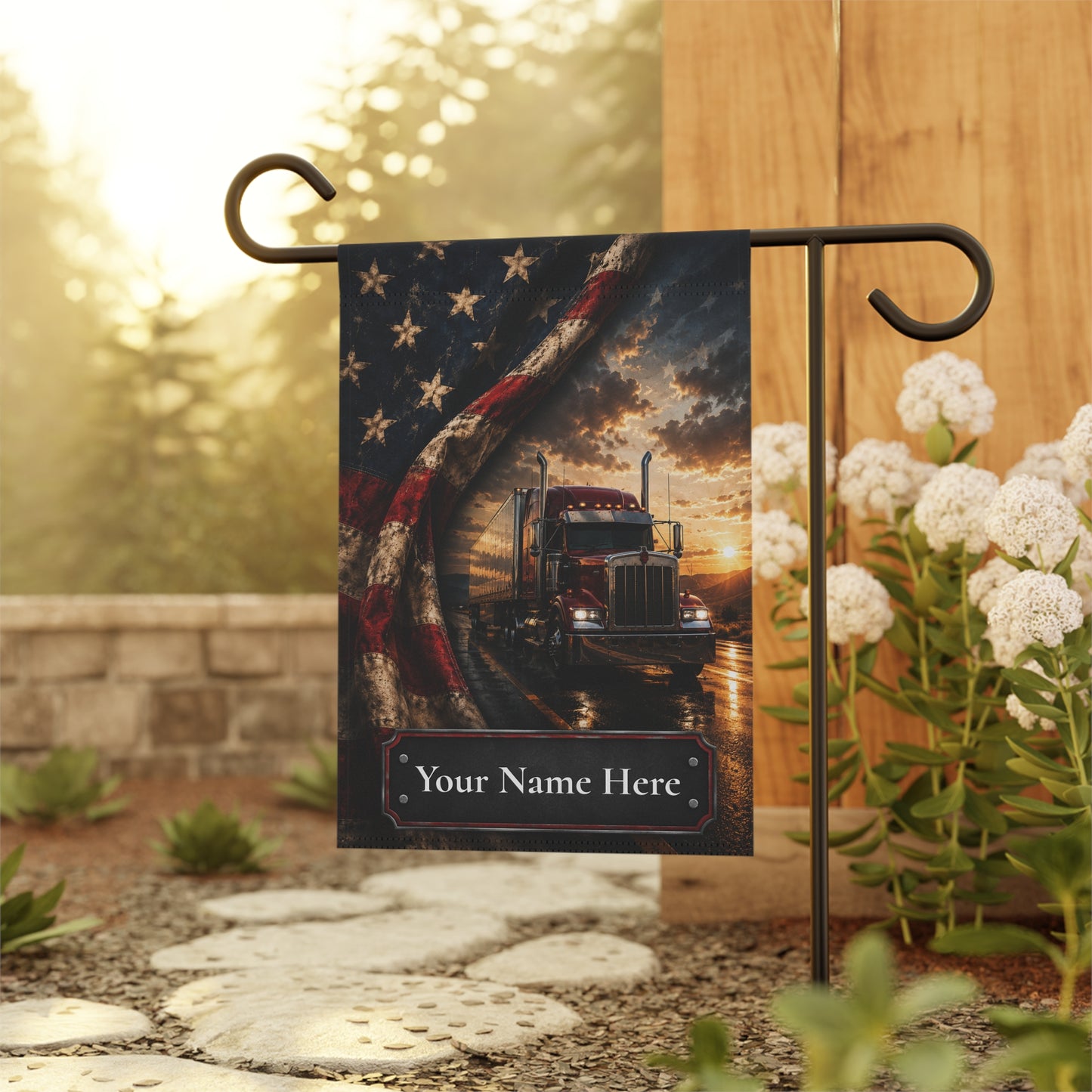 Personalized Patriotic Truck Garden Flag — Custom Name USA Semi-Truck Banner