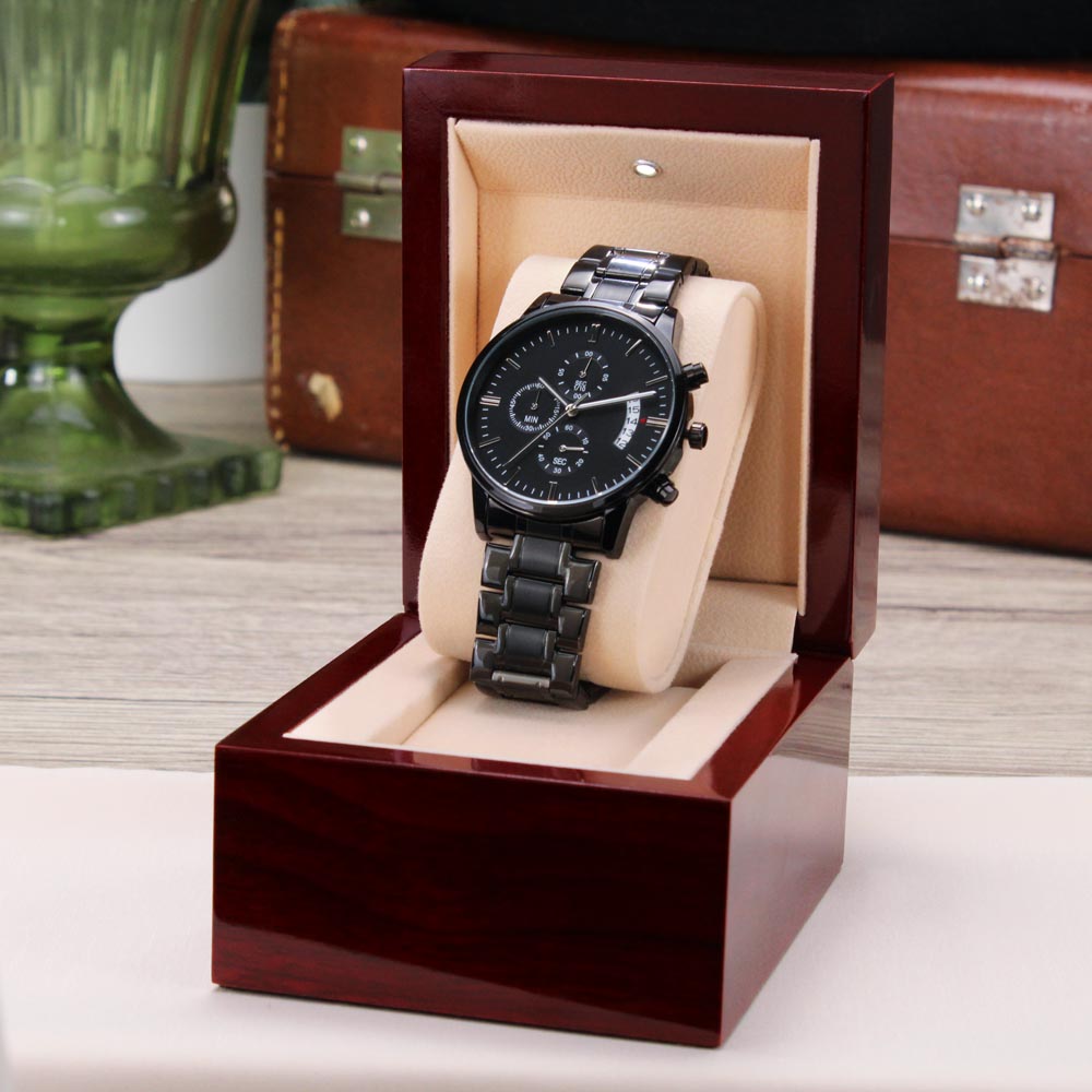 Graduation Gift for Son from Dad – Engraved Black Chronograph Watch – Class of 2026
