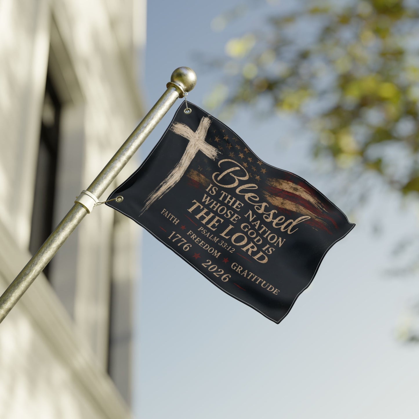 Faith & Freedom Christian House Flag | Blessed Is the Nation Psalm 33:12 | America 250 Patriotic Outdoor Flag | 1776–2026 Porch Décor