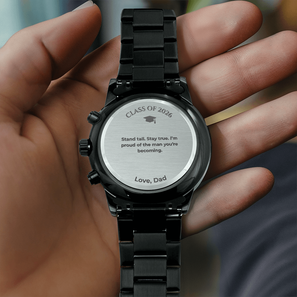 Graduation Gift for Son from Dad – Engraved Black Chronograph Watch – Class of 2026