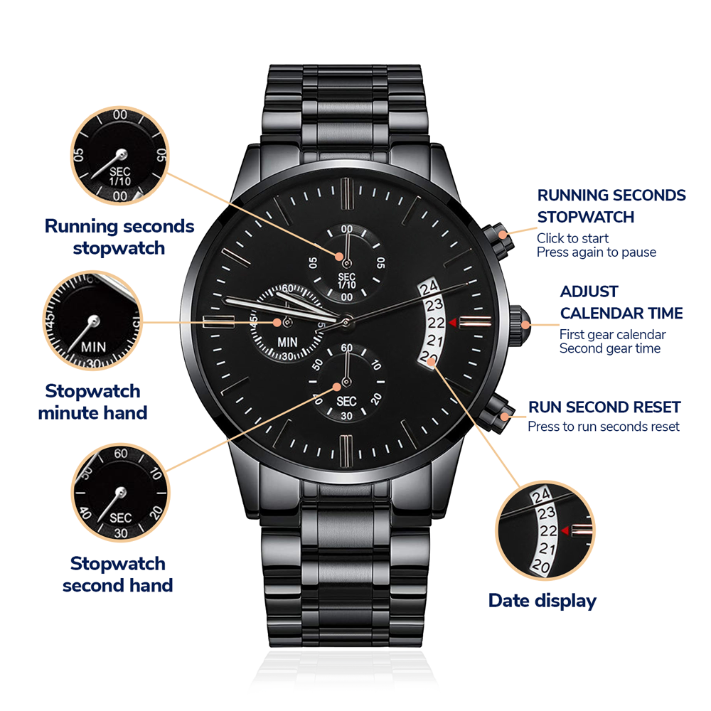 Graduation Gift for Son from Dad – Engraved Black Chronograph Watch – Class of 2026