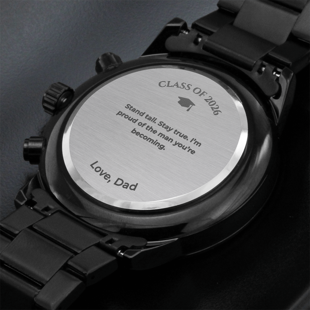 Graduation Gift for Son from Dad – Engraved Black Chronograph Watch – Class of 2026