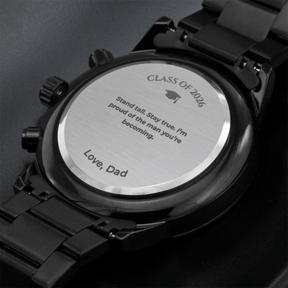 Graduation Gift for Son from Dad – Engraved Black Chronograph Watch – Class of 2026