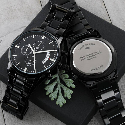 Graduation Gift for Son from Dad – Engraved Black Chronograph Watch – Class of 2026