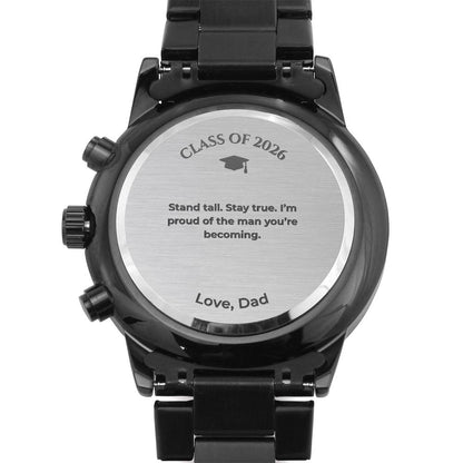 Graduation Gift for Son from Dad – Engraved Black Chronograph Watch – Class of 2026