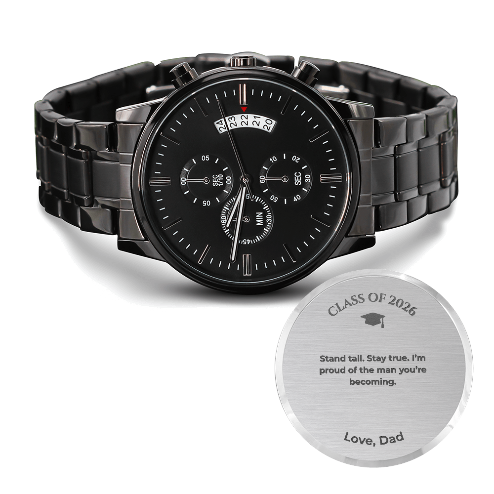 Graduation Gift for Son from Dad – Engraved Black Chronograph Watch – Class of 2026