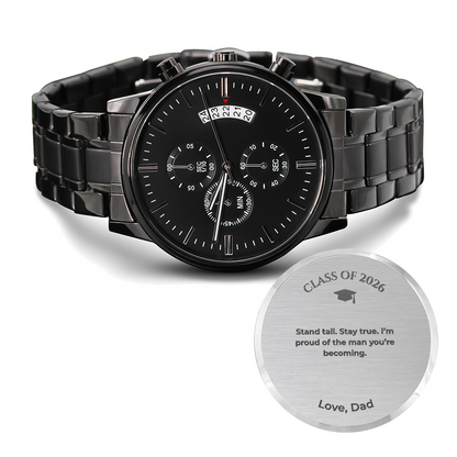 Graduation Gift for Son from Dad – Engraved Black Chronograph Watch – Class of 2026