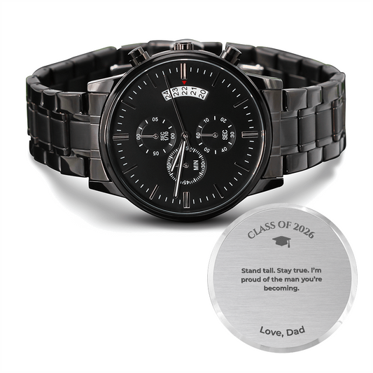 Graduation Gift for Son from Dad – Engraved Black Chronograph Watch – Class of 2026
