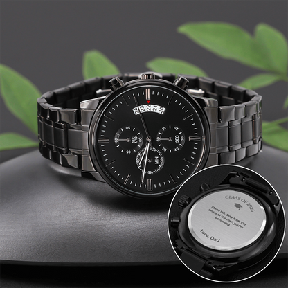 Graduation Gift for Son from Dad – Engraved Black Chronograph Watch – Class of 2026