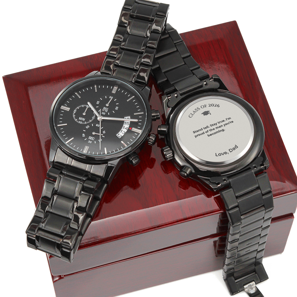 Graduation Gift for Son from Dad – Engraved Black Chronograph Watch – Class of 2026