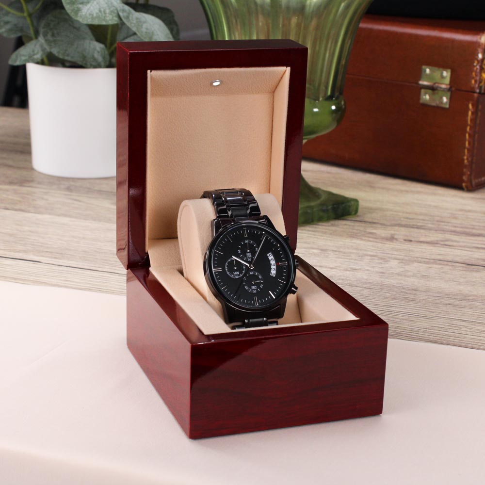 Graduation Gift for Son from Dad – Engraved Black Chronograph Watch – Class of 2026