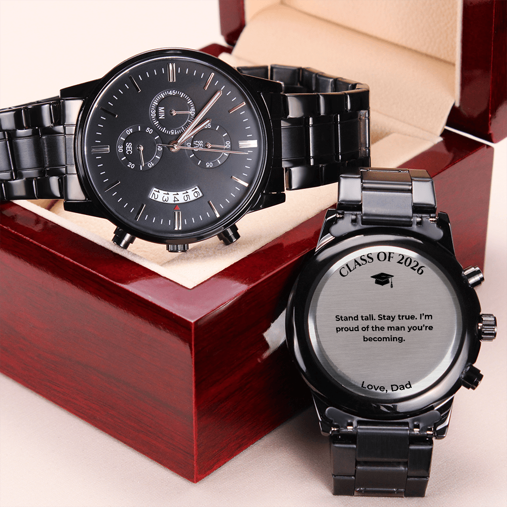 Graduation Gift for Son from Dad – Engraved Black Chronograph Watch – Class of 2026