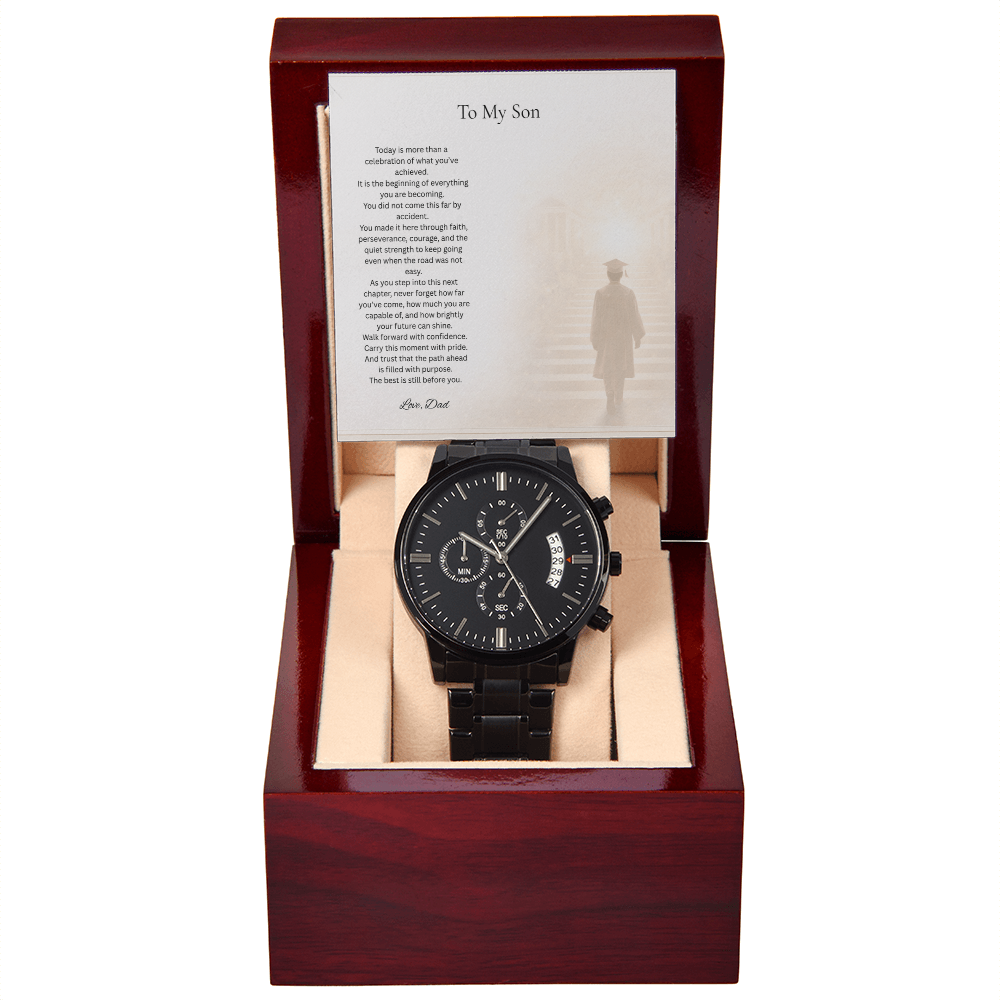 Graduation Gift for Son from Dad – Black Chronograph Watch – Class of 2026 Keepsake