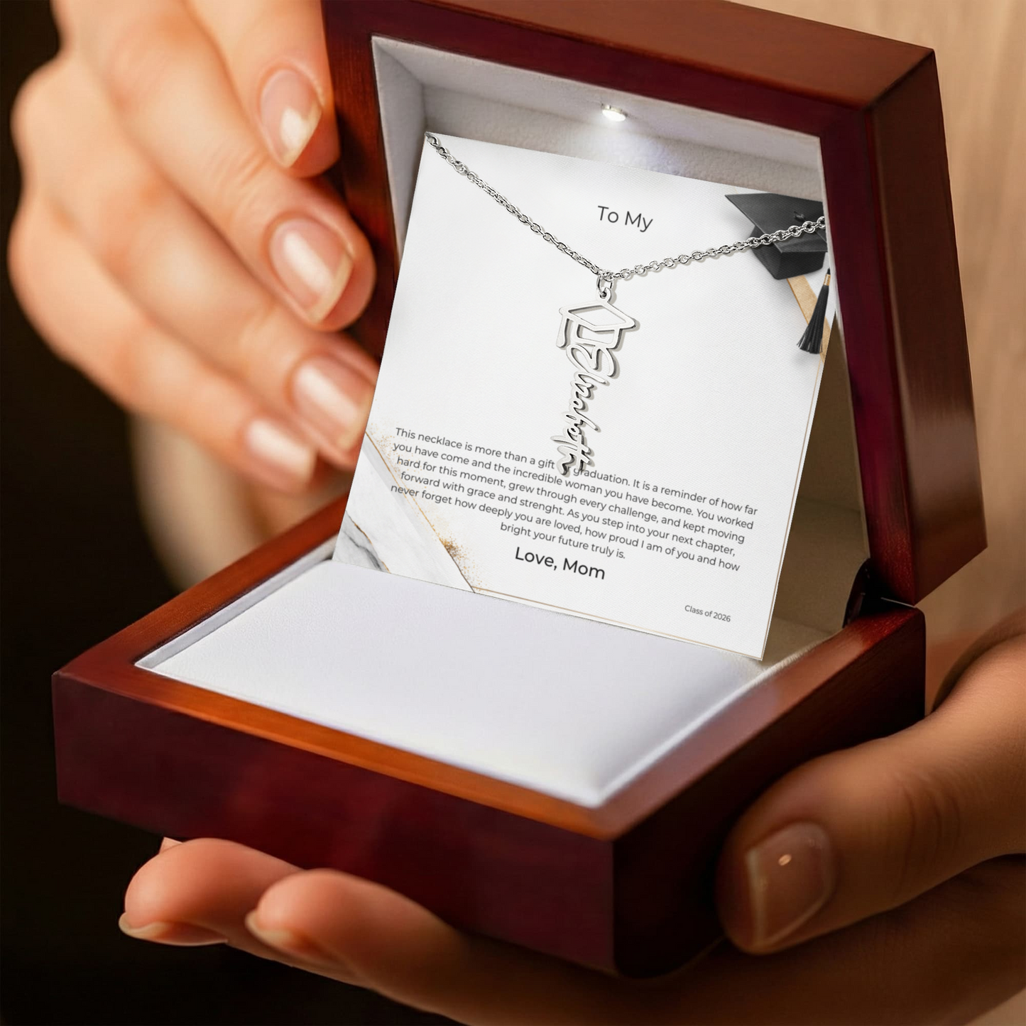 To My Daughter – Graduation Name Cap Necklace – Proud of the Woman You've Become - From Mom