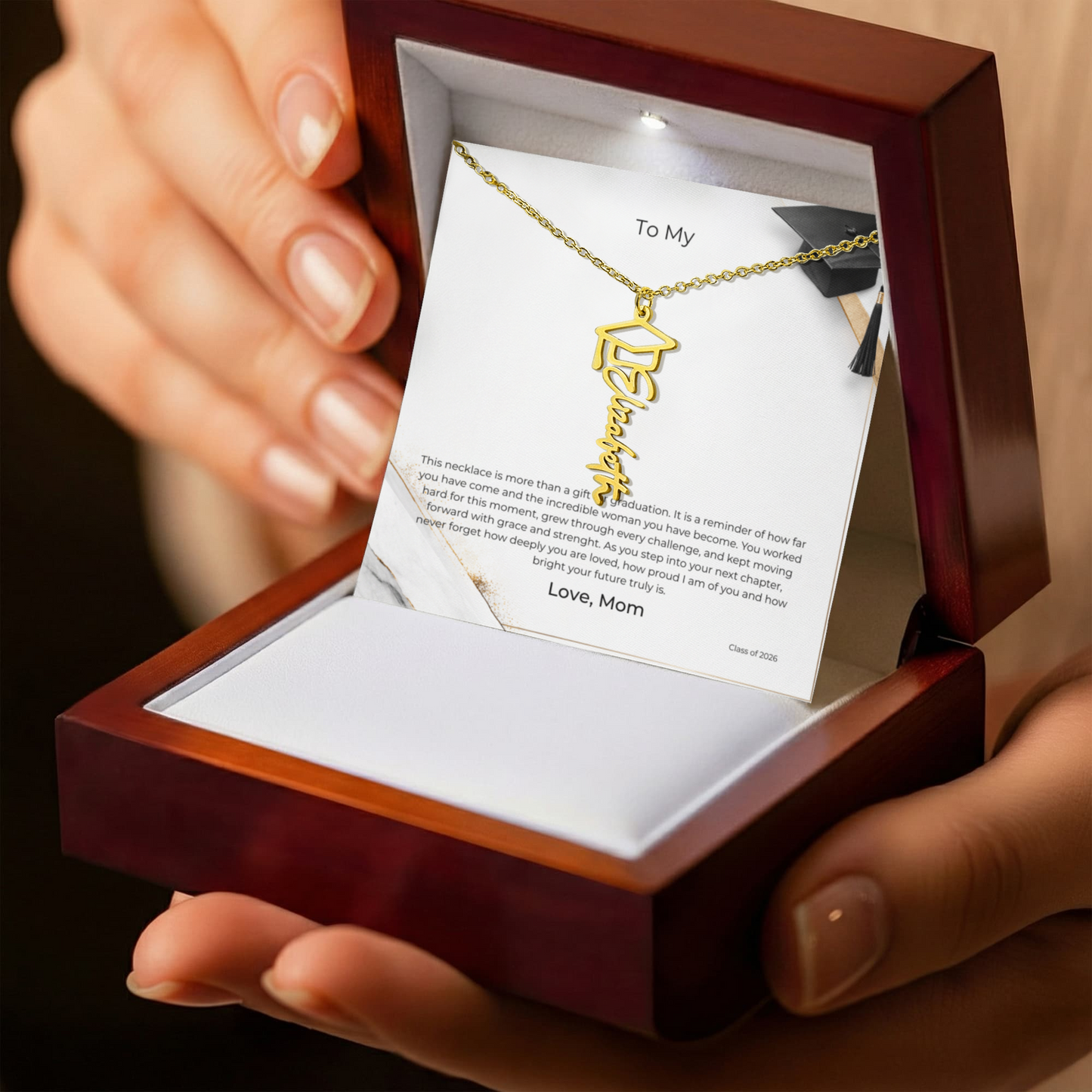 To My Daughter – Graduation Name Cap Necklace – Proud of the Woman You've Become - From Mom